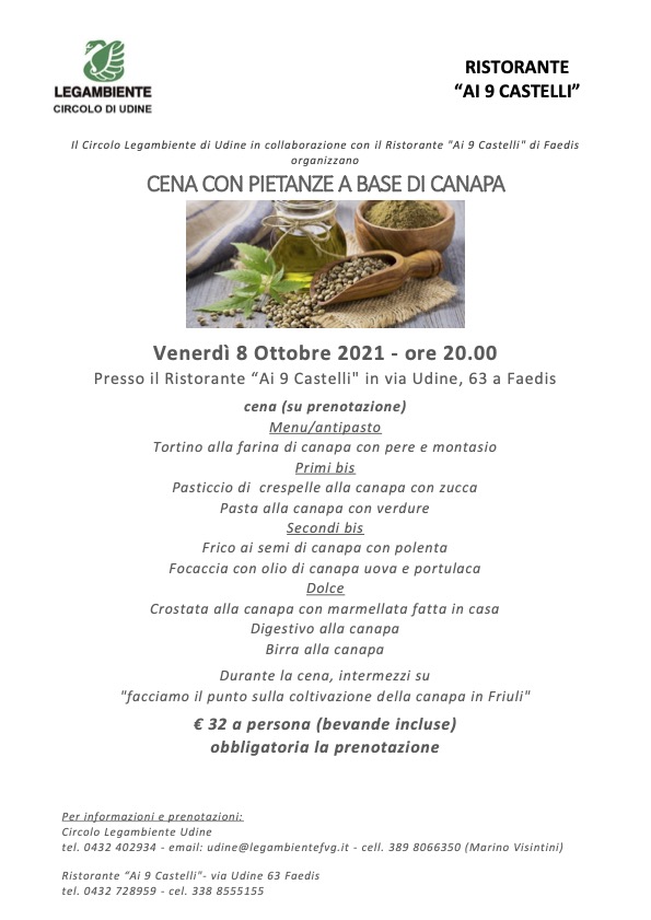 Legambiente Udine organizza con il Ristorante “Ai 9 Castelli” di Faedis una cena a base di canapa