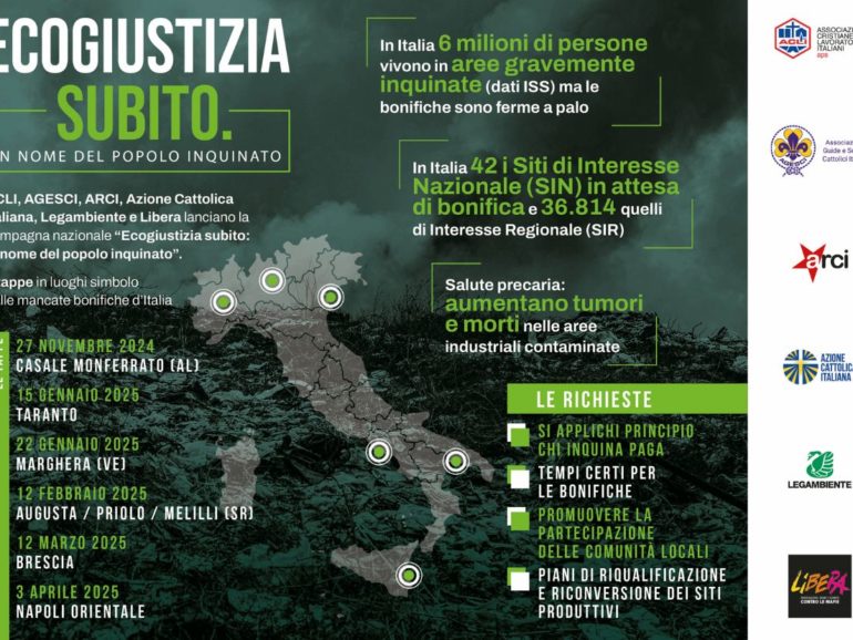 Ecogiustizia subito: in nome del popolo inquinato | ACLI, AGESCI, ARCI, Azione Cattolica Italiana, Legambiente e Libera presentano il report sullo stato delle bonifiche nella Penisola